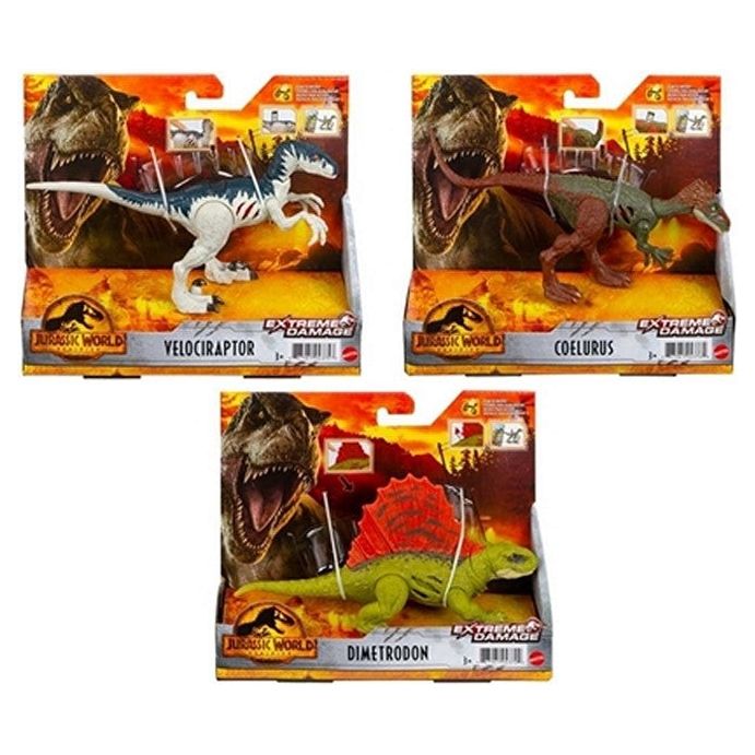 Mattel - Jurassic World - Extreme Damage Dinosaurier - Velociraptor, Coelurus oder Dimetrodon